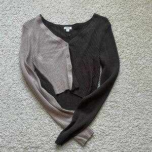 Garage Two-Tone Ribbed Cardigan - Brown and Tan